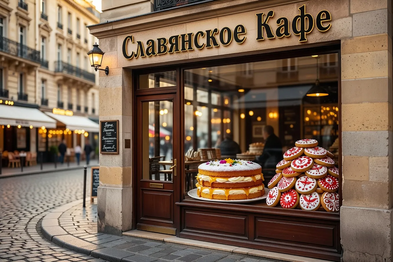Devanture d’un café slave à Paris avec enseigne cyrillique, vitrine avec pâtisseries medovik et prianik