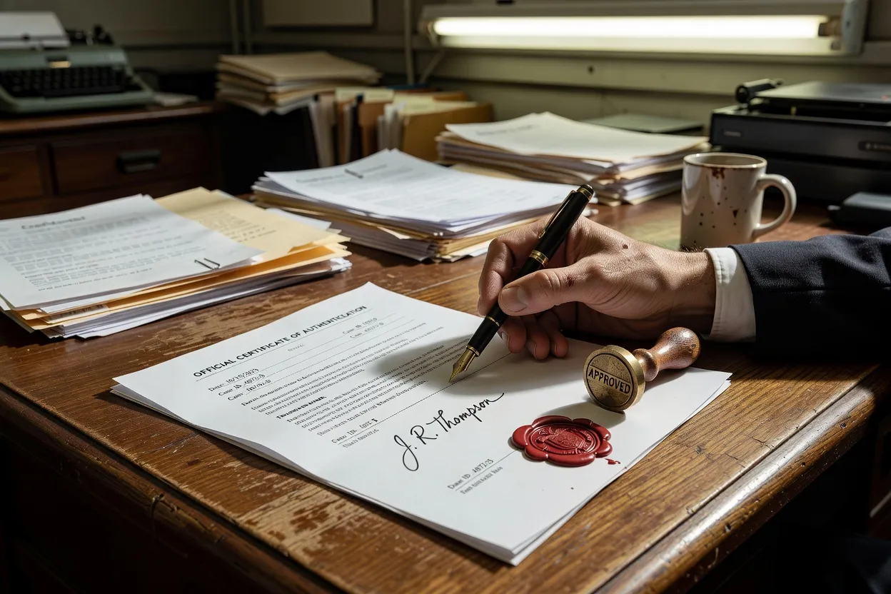 Signature d’un document officiel avec sceau et stylo sur un bureau administratif