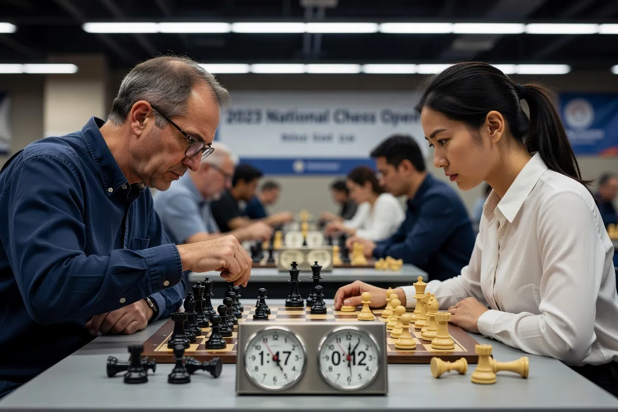 Deux joueurs concentrés pendant une partie d’échecs en tournoi, horloge d’échecs au premier plan