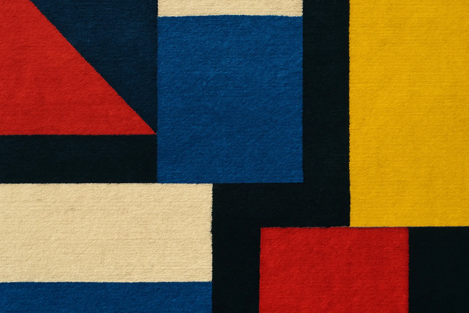 Motifs géométriques inspirés du constructivisme russe sur tissu texturé, palette de couleurs primaires