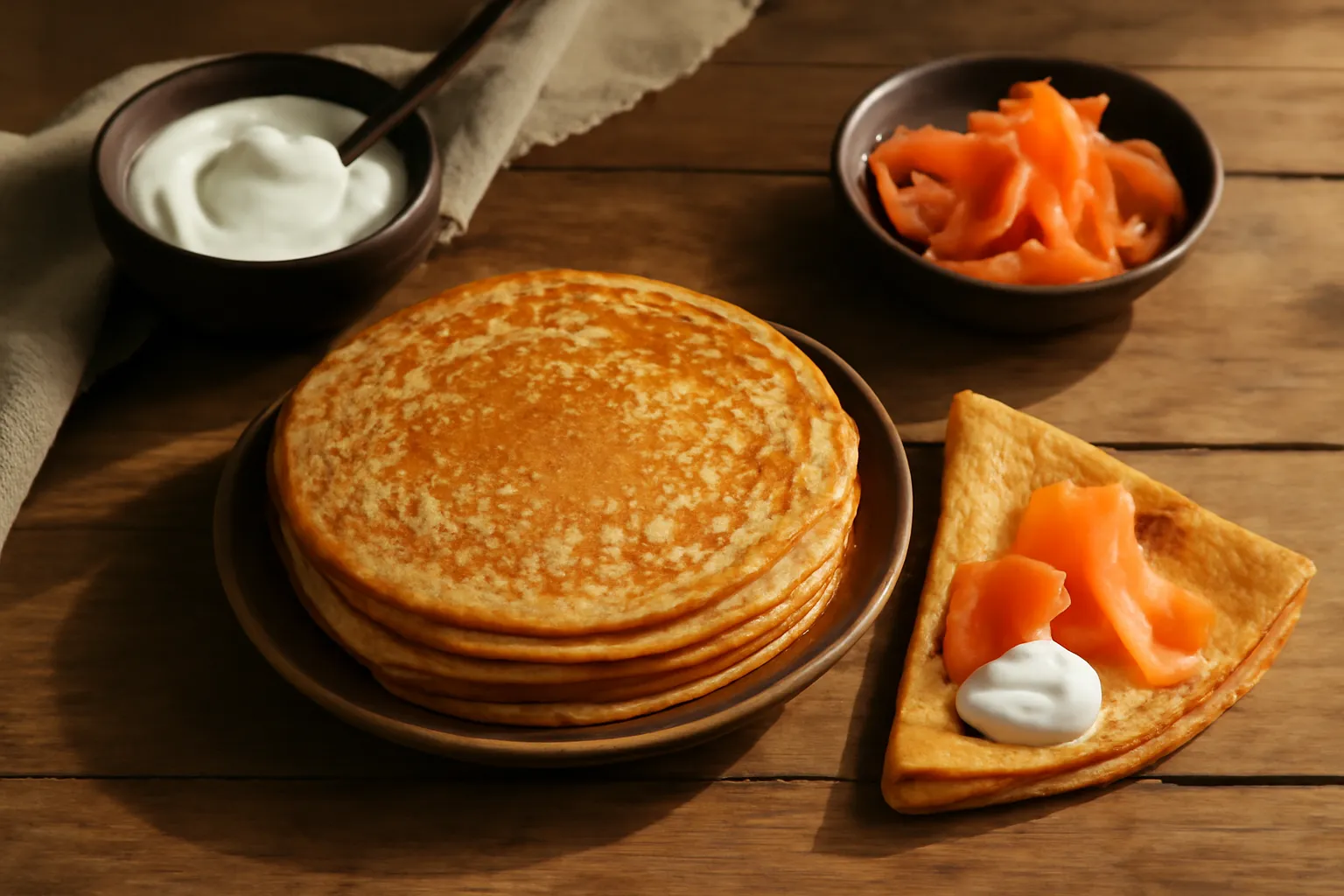 Blinis russes traditionnels servis avec saumon et crème pour le repas de Noël orthodoxe