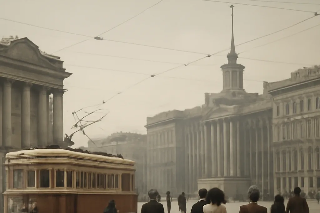 Place d'une ville soviétique dans les années 1950 avec tramway ancien et passants en tons vintage