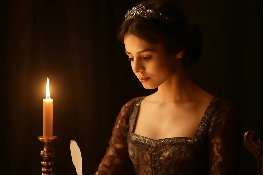 Jeune femme en robe d'époque écrivant une lettre à la bougie, évocation de la scène de la lettre de Tatiana dans Eugène Onéguine