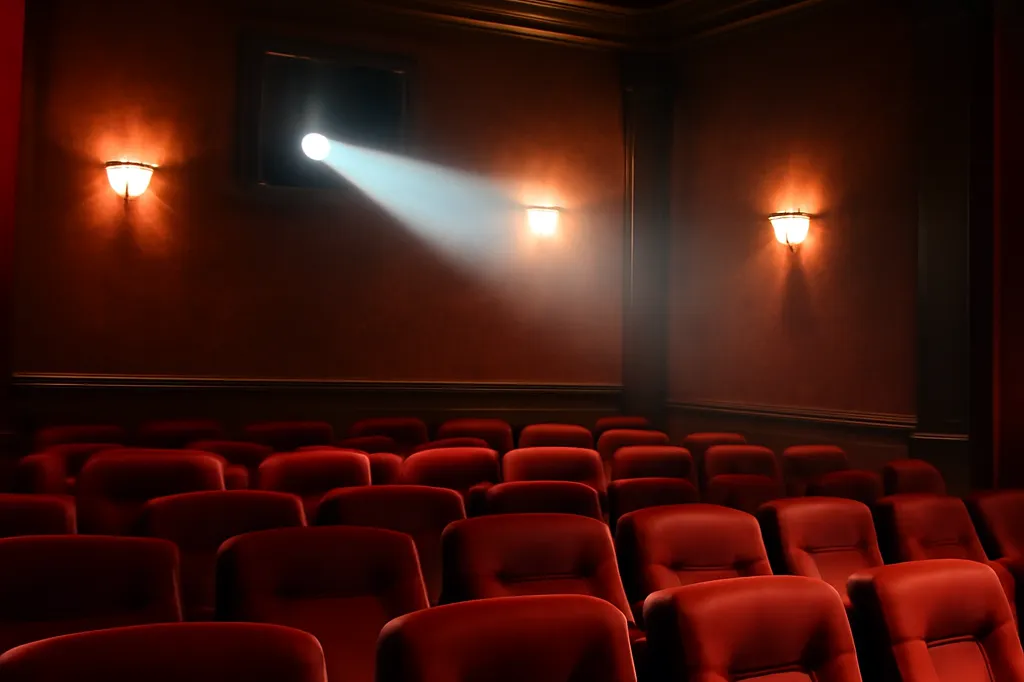 Salle de cinéma indépendante parisienne avec sièges de velours rouge et faisceau de projecteur