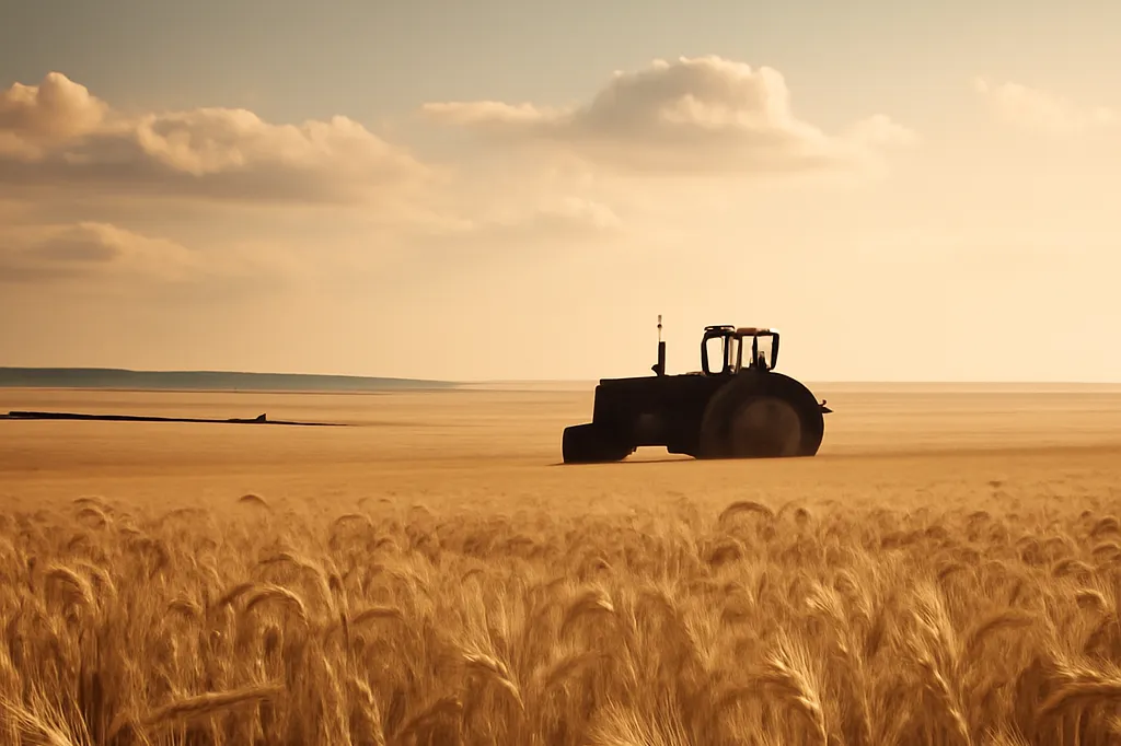 Champ de blé ukrainien doré avec un tracteur en silhouette au loin, lumière de fin de journée