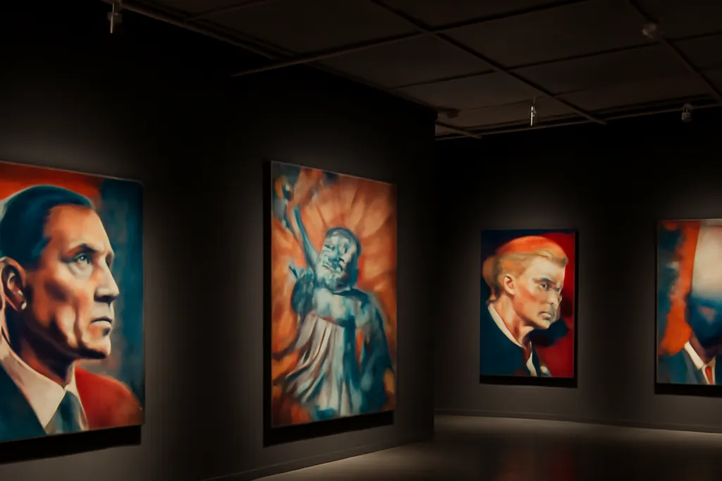 Galerie d'art contemporain avec des toiles au style pop-politique éclairées dans une salle sombre