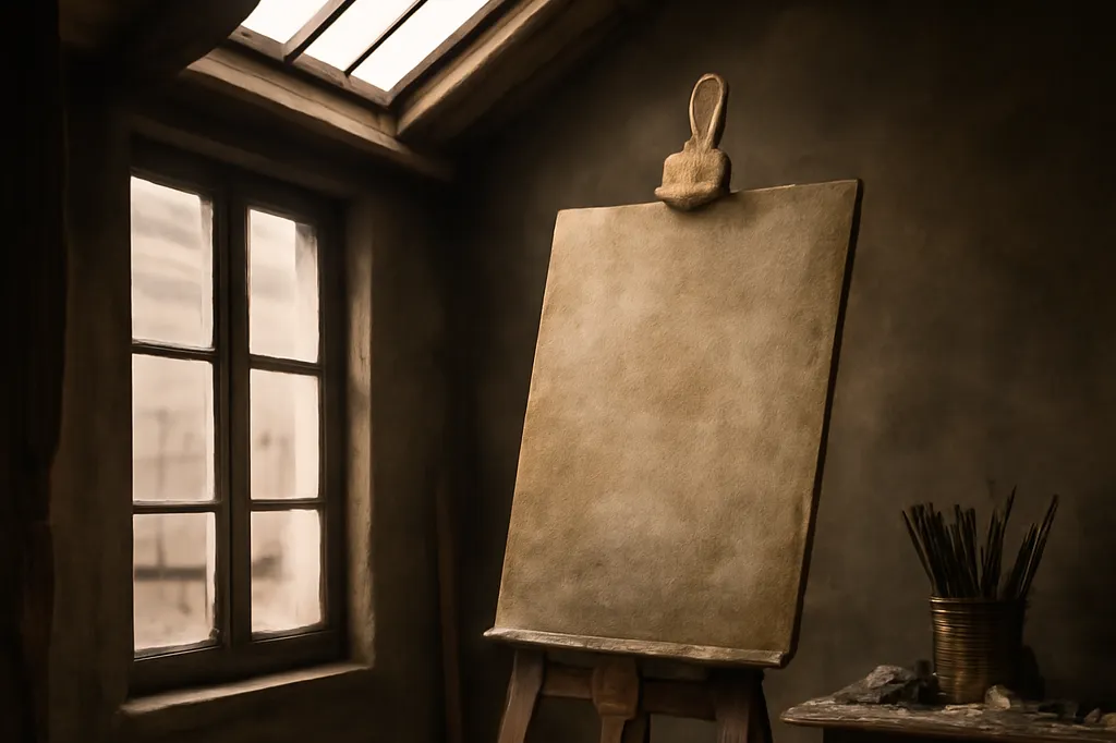 Atelier de peintre modeste avec chevalet vide et lumière de verrière, évocation de La Ruche
