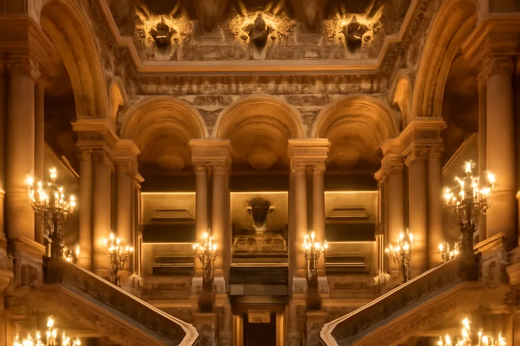 Intérieur monumental du Palais Garnier à Paris, colonnades et lustres dorés, écrin des tournées du Bolchoï