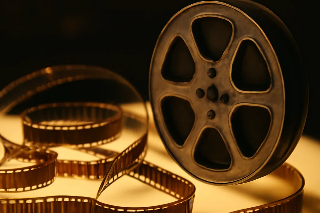 Bobine de film 35mm ancienne avec pellicule déroulée sur une table lumineuse