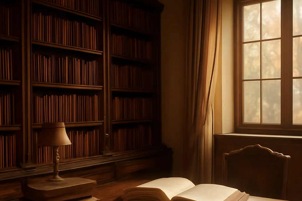 Bureau d'étude avec livres ouverts et lumière chaleureuse, cabinet de travail d'un slaviste