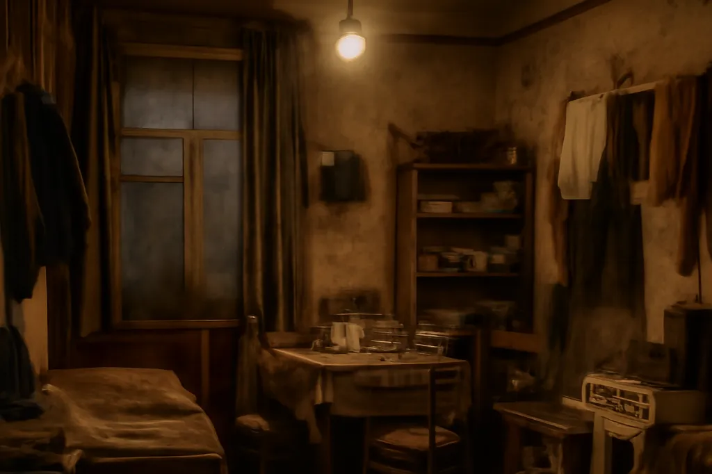 Reconstitution d'un intérieur d'appartement communautaire soviétique, meubles usés et éclairage tamisé