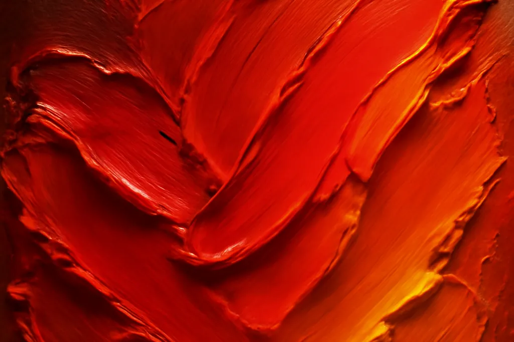 Gros plan sur une texture de peinture à l'huile épaisse, coups de pinceau rouges et orangés