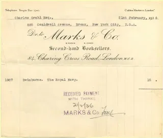 Recu de paiement de la librairie Marks and Co signe par Frank Doel en 1936