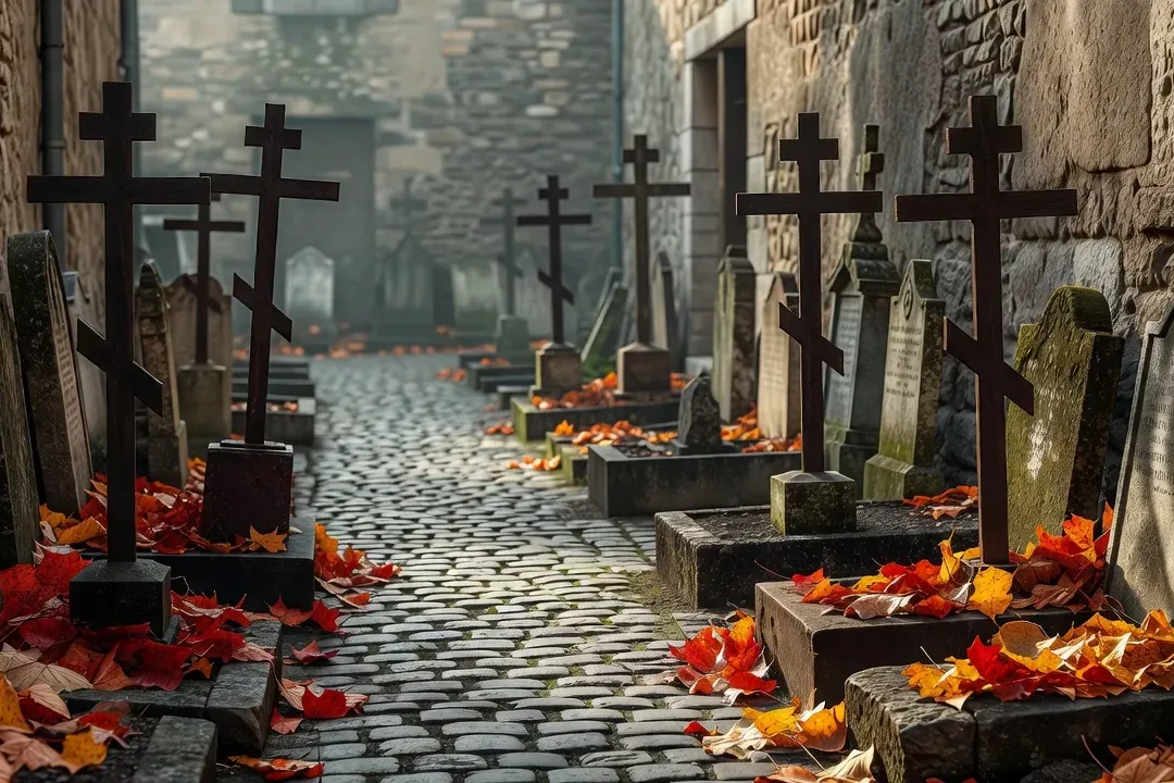 Allée du cimetière de Sainte-Geneviève-des-Bois avec croix orthodoxes russes traditionnelles à l’automne