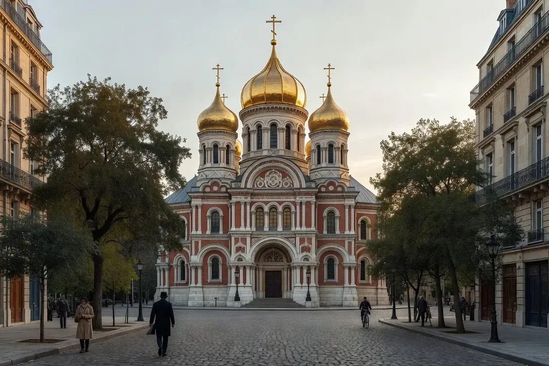 Intérieur d’une église orthodoxe russe parisienne, iconostase et icônes dorées