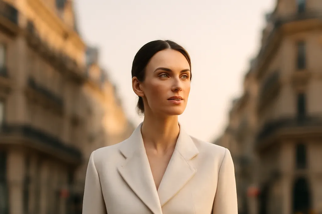 Portrait élégant d'une femme slave dans une rue haussmannienne parisienne à l'heure dorée