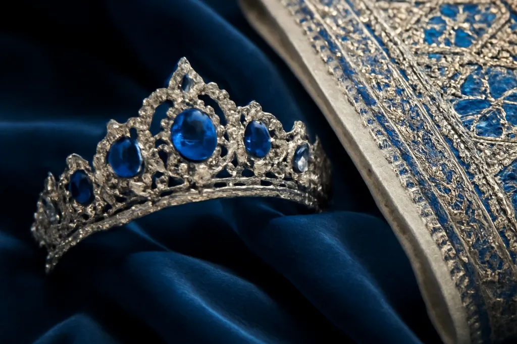 Diadème de saphirs et d'argent sur velours bleu nuit, évoquant les parures impériales russes