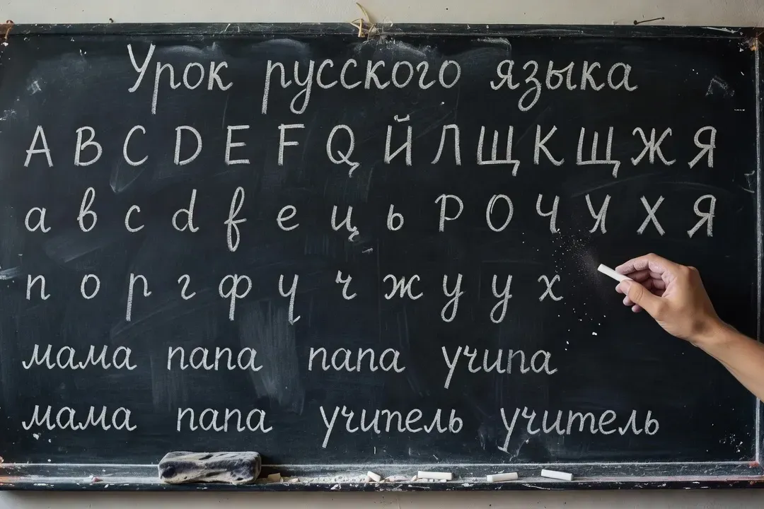 Élèves adultes en cours de russe à Paris avec alphabet cyrillique au tableau