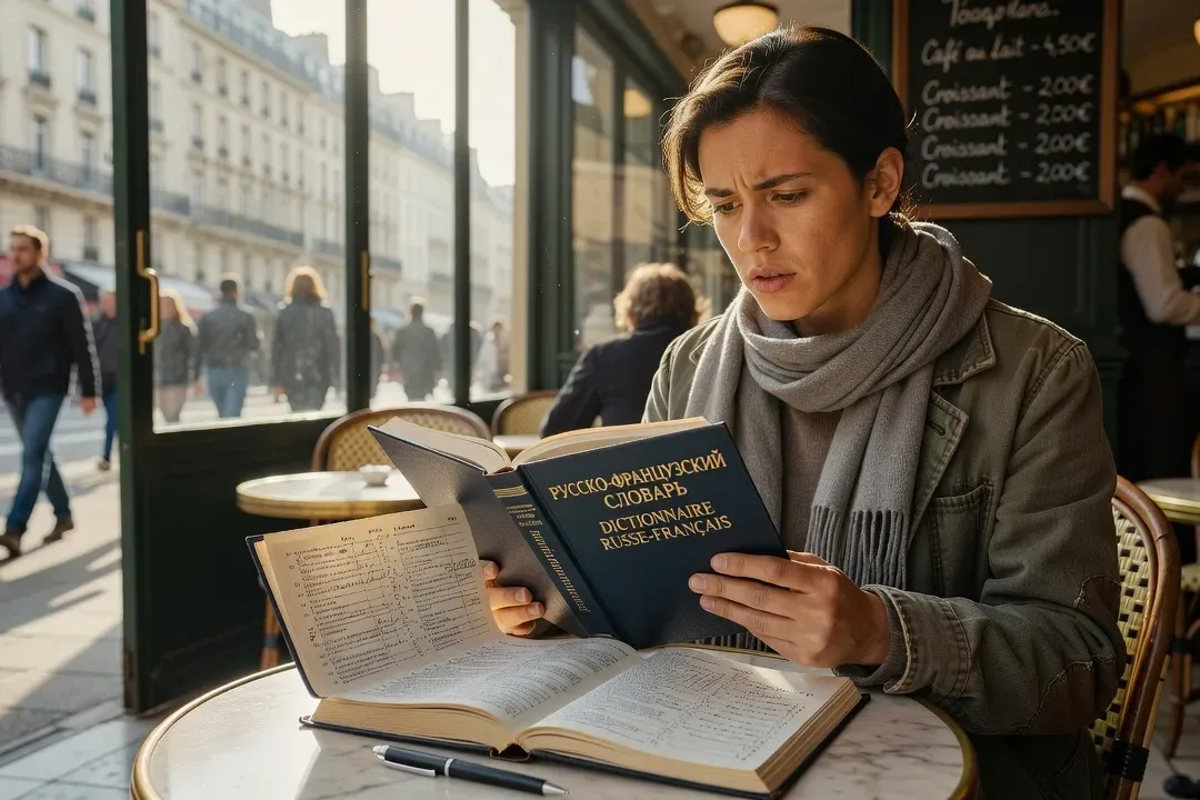 Dictionnaire russe-français ouvert avec stylo, cahier d’apprentissage et chocolats Mishka