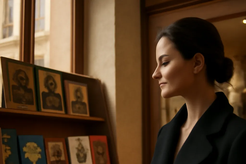 Une lectrice consulte des icônes et des livres religieux russes près d'une boutique paroissiale du quartier de la rue Daru à Paris