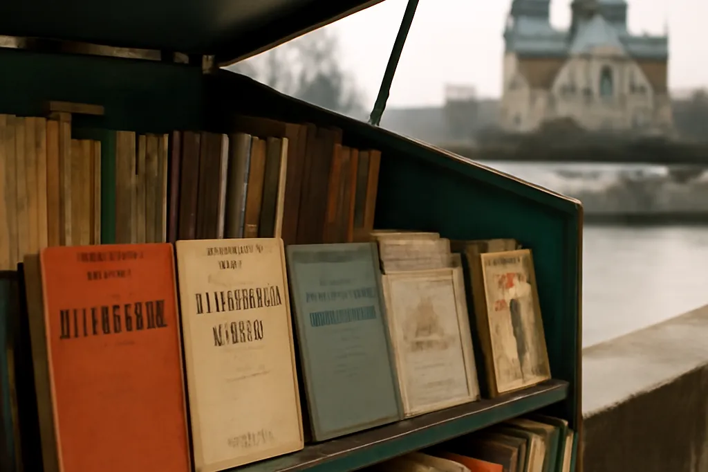 Boîte verte de bouquiniste ouverte sur les quais de Seine, avec de vieux livres russes et soviétiques en cyrillique