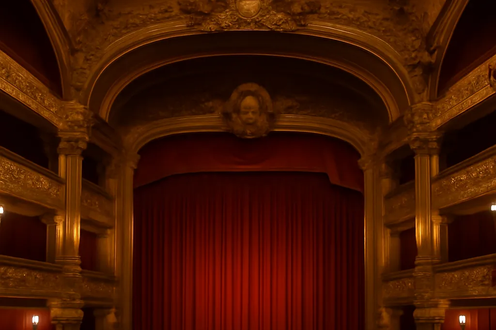 Scène de théâtre à l'italienne vide avec rideau rouge et dorures, évoquant le Théâtre des Champs-Élysées en 1913
