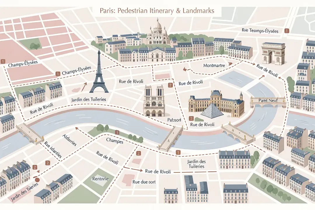 Carte stylisée d’un itinéraire pédestre à travers Paris avec points d’intérêt marqués, style guide de voyage moderne