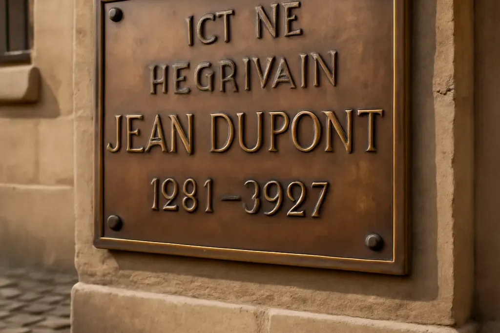 Plaque commémorative en bronze sur une façade parisienne, texte gravé, rue pavée