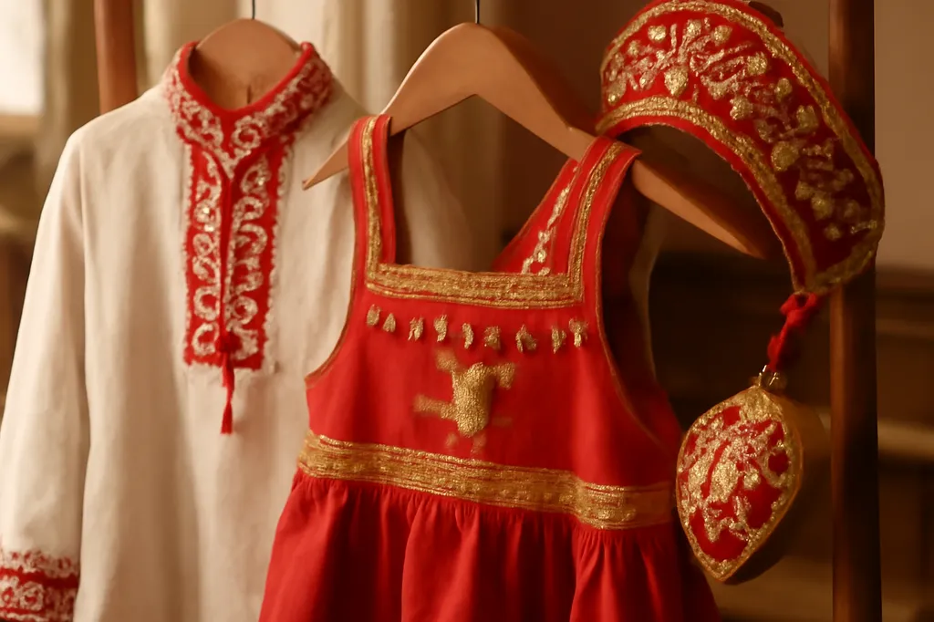 Costumes traditionnels russes pour enfants, kosovorotka brodée et sarafane avec kokochnik, présentés sur cintres