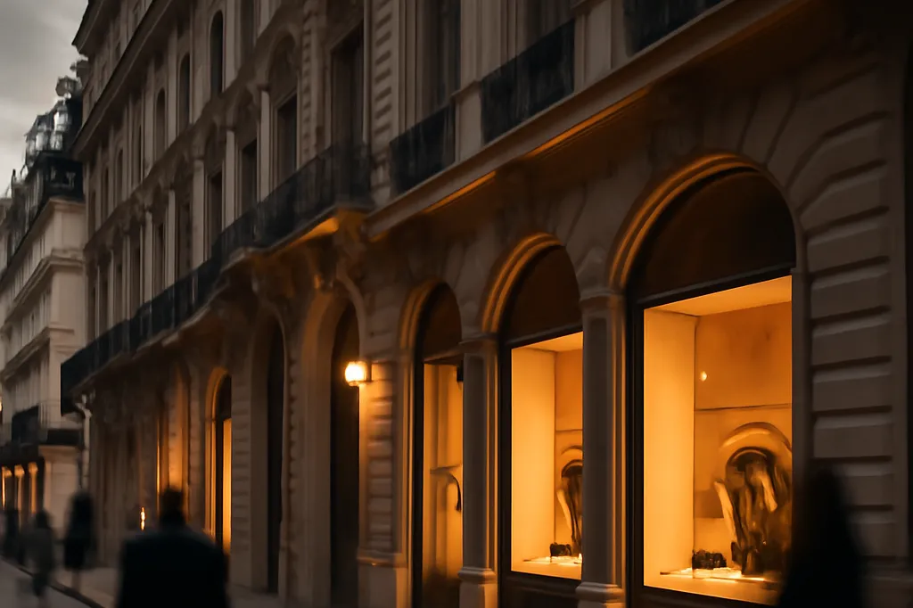 Boutique de luxe parisienne éclairée le soir, façade haussmannienne
