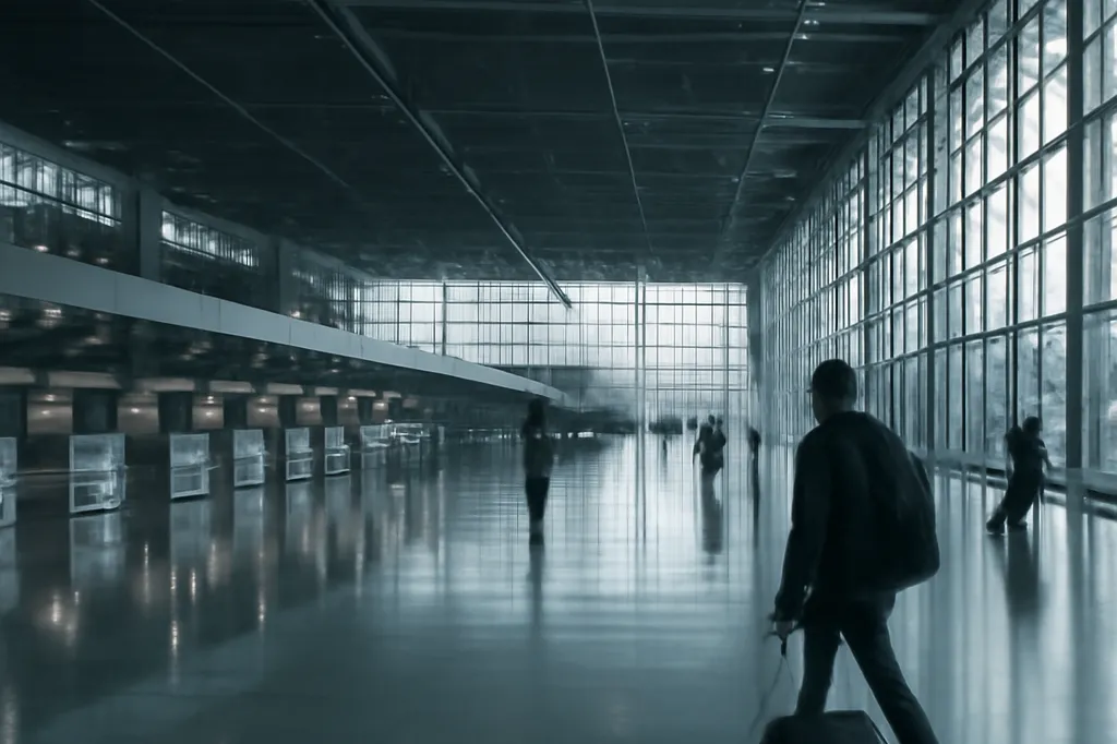 Hall de départ d'aéroport européen quasiment vide, lumière froide