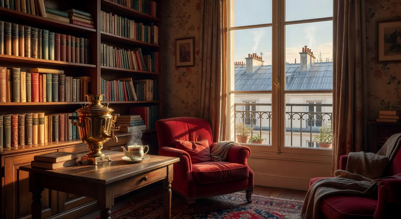 Appartement parisien cosy avec livres russes et samovar