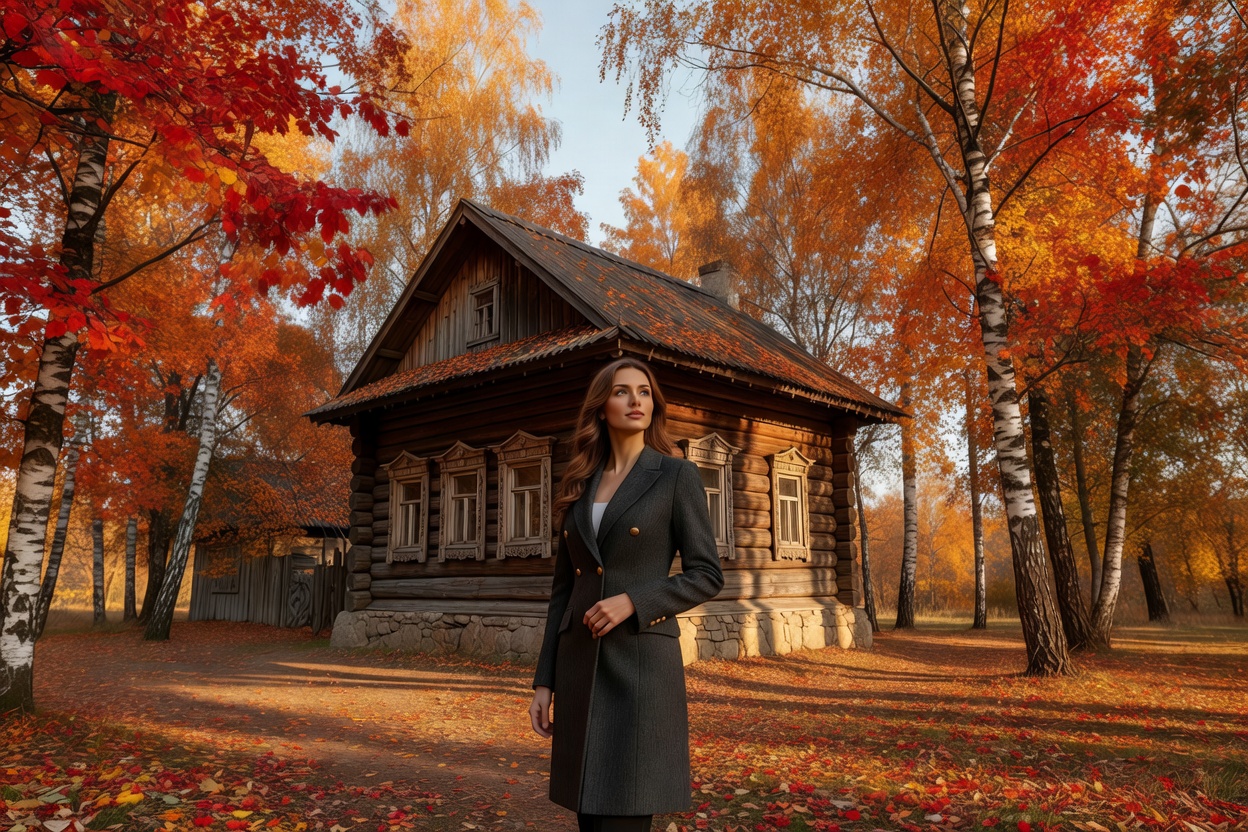 Femme élégante debout devant une maison de bois traditionnelle russe entourée d'arbres aux couleurs automnales