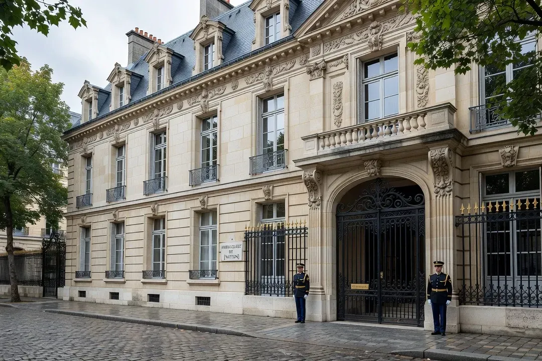 Façade élégante d'un hôtel particulier historique parisien abritant une représentation diplomatique