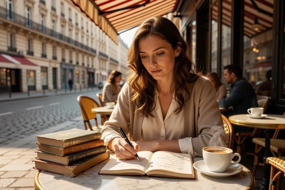 Cahier d'apprentissage du russe avec alphabet cyrillique et stylo sur une table parisienne