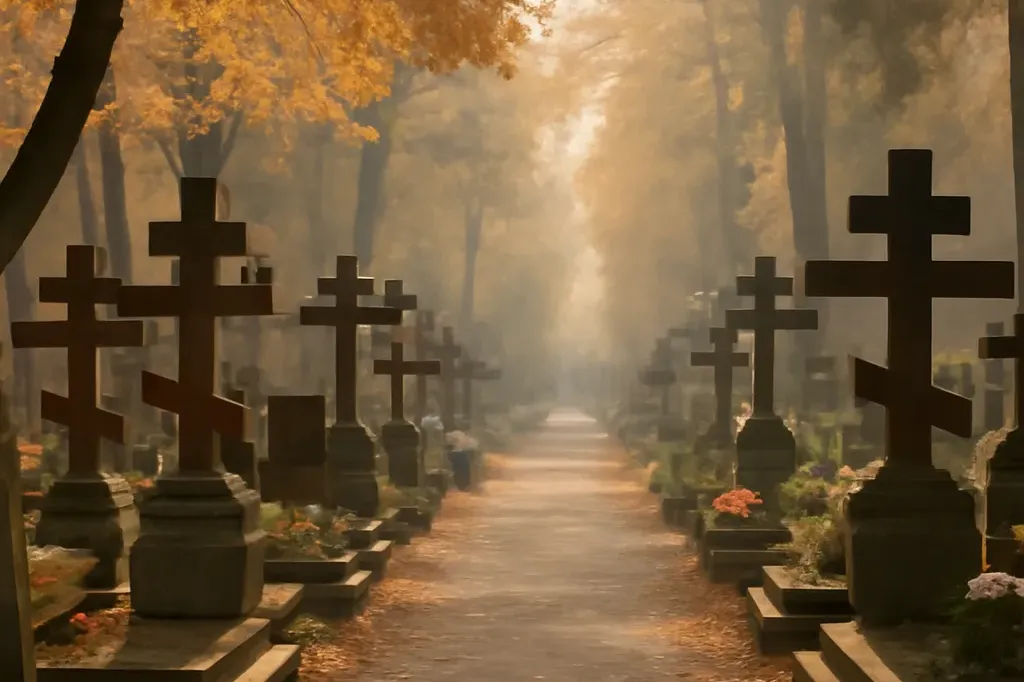 Allée du cimetière russe de Sainte-Geneviève-des-Bois avec croix orthodoxes traditionnelles