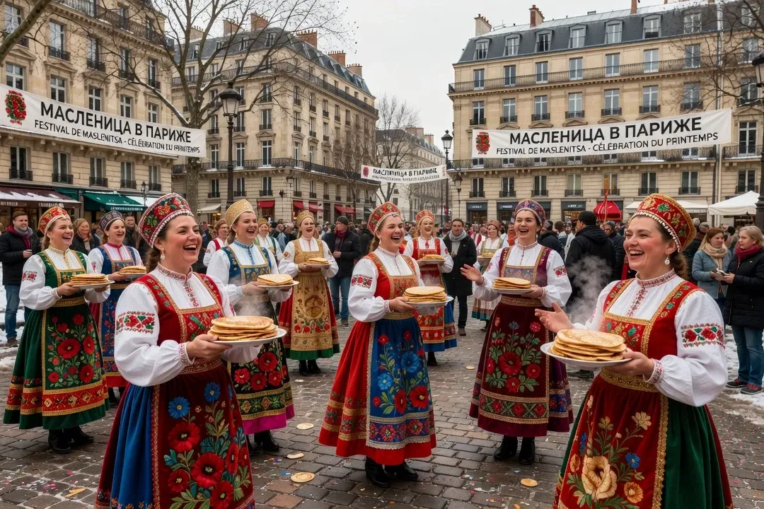 Célébration de Maslenitsa à Paris, crêpes et costumes traditionnels russes autour d'un samovar