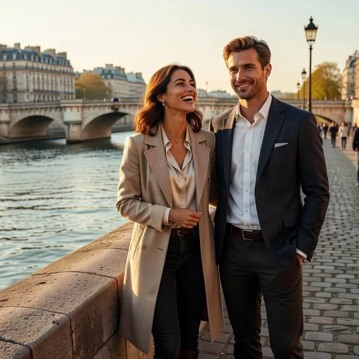 Couple franco-russe souriant sur les quais de la Seine à Paris au coucher de soleil