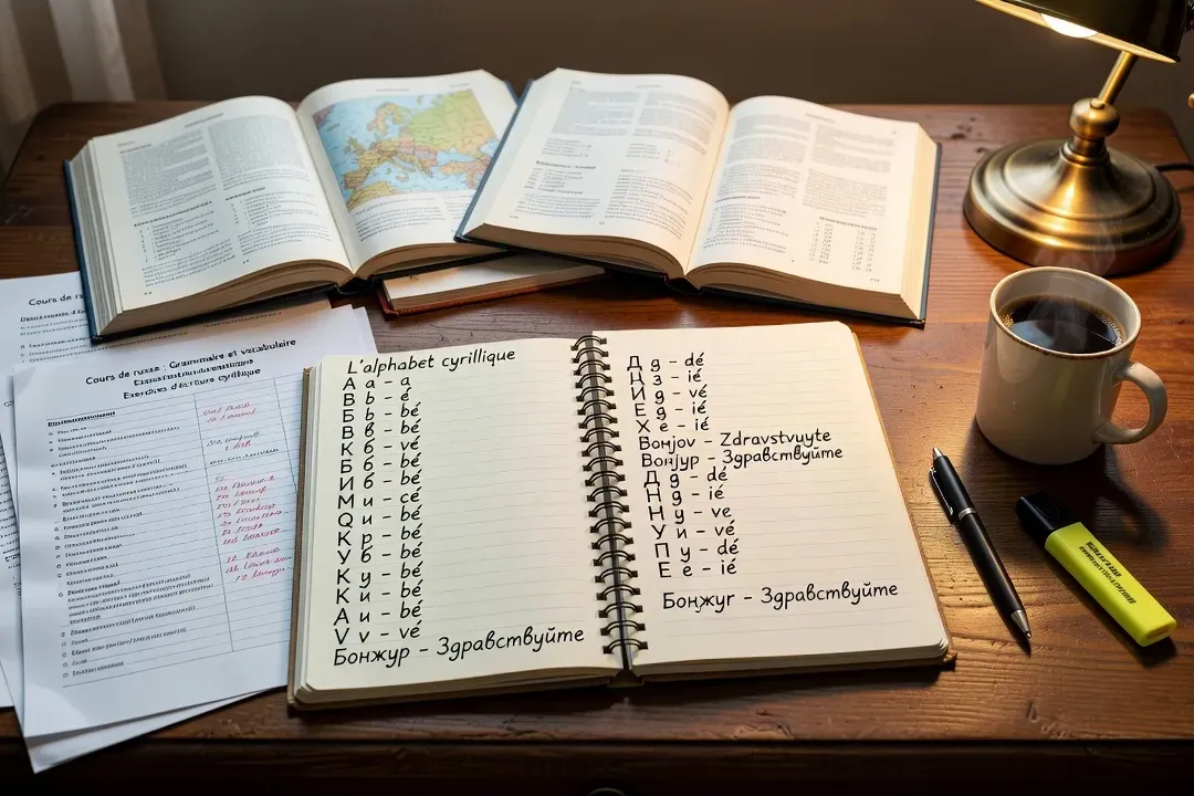 Cahier d'apprentissage du russe avec mots cyrilliques et traductions françaises sur une table