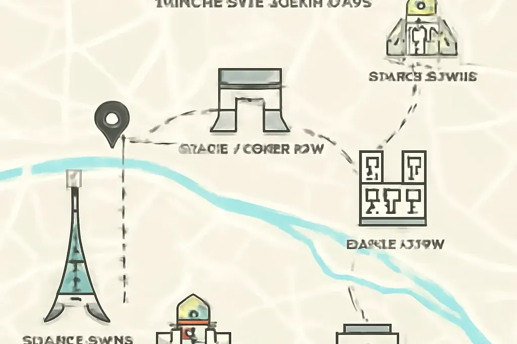 Carte stylisée d'un itinéraire pédestre à travers Paris avec points d'intérêt marqués, style guide de voyage moderne