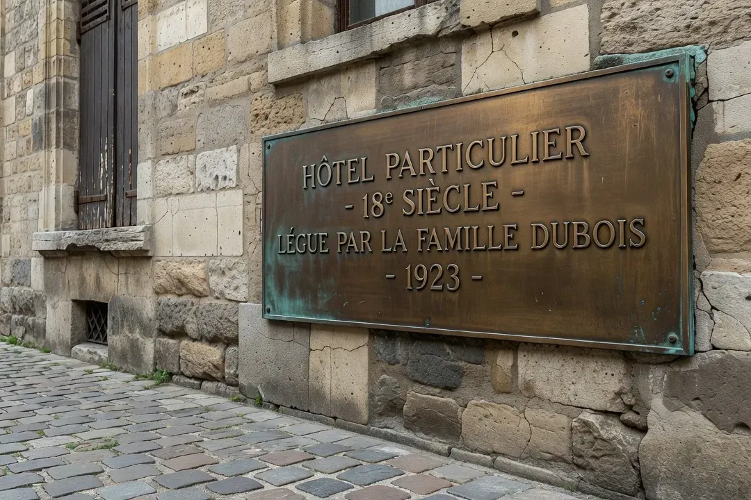 Plaque commémorative en bronze sur une façade parisienne, texte gravé, style patrimonial discret