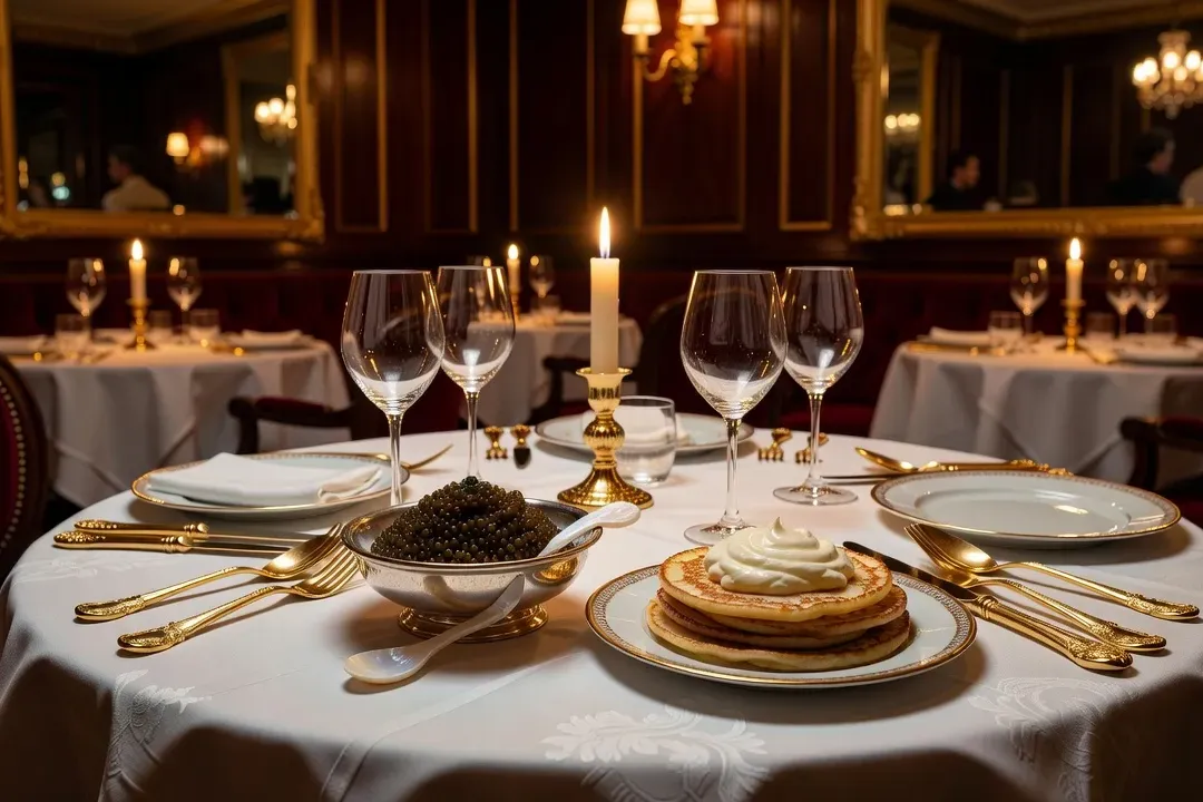 Table dressée dans un restaurant russe gastronomique à Paris, vaisselle dorée et zakouski