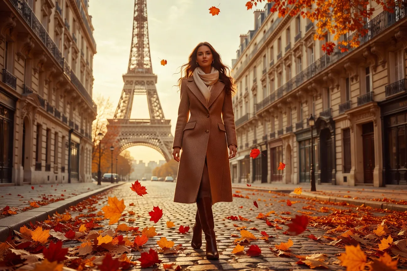 Femme russe marchant sur un boulevard parisien en automne