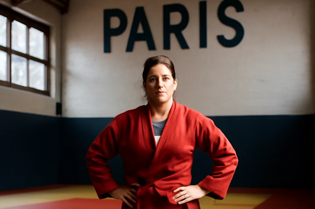 Jeune femme sportive s'entraînant au sambo sur un tatami dans une salle parisienne