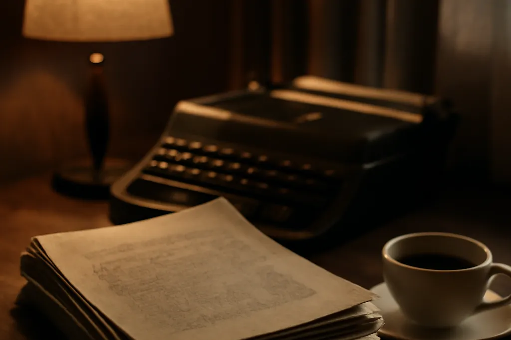 Manuscrit dactylographié posé sur un bureau en bois dans un appartement moscovite des années 1970, lumière tamisée